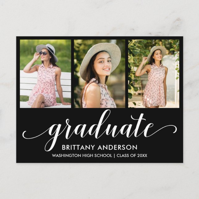 Modern 3 Photo Graduation Party Script Invitation Postcard (Front)