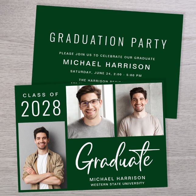 Modern 3 Photo Green Graduation Party Invitation (A modern photo collage graduation party invitation to celebrate the graduate's achievements)