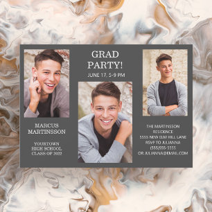 Modern 3 Photo Grey (Editable Colour) Graduation I Invitation