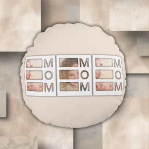 Modern 3 Photo Grid Mum Birthday Keepsake Round Cushion
