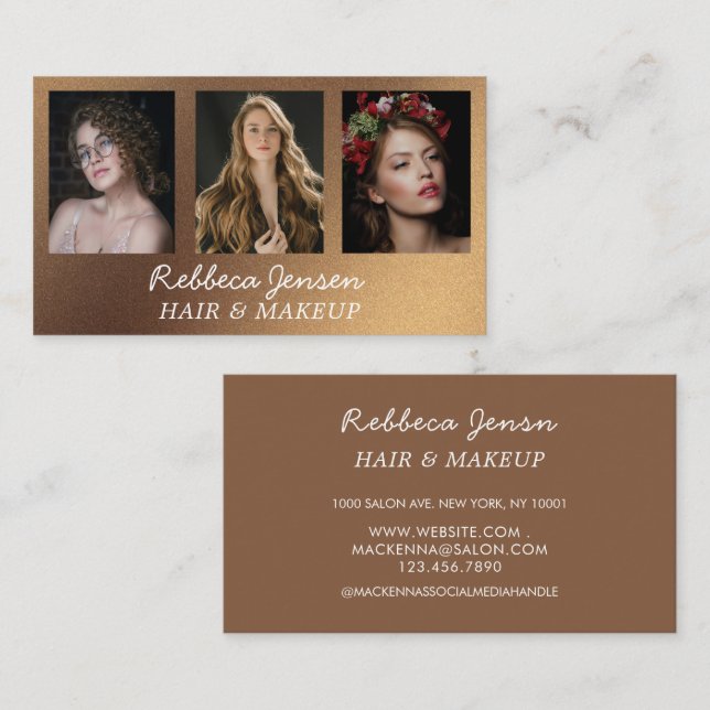 Modern 3 Photo Hair & makeup Black and Gold Business Card (Front/Back)