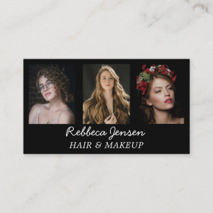 Modern 3 Photo Hair & makeup Black and White Business Card
