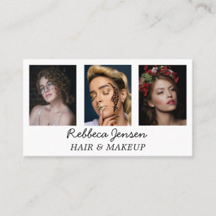 Modern 3 Photo Hair & makeup Black and White Business Card