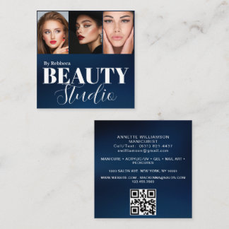 Modern 3 Photo Hair Stylist Makeup Artist QR Code  Square Business Card