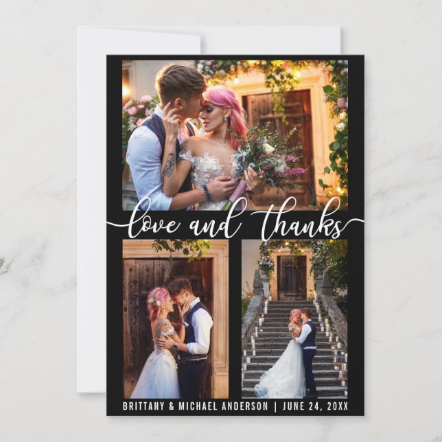 Modern 3 Photo Love and Thanks Wedding Thank You Card (Front)