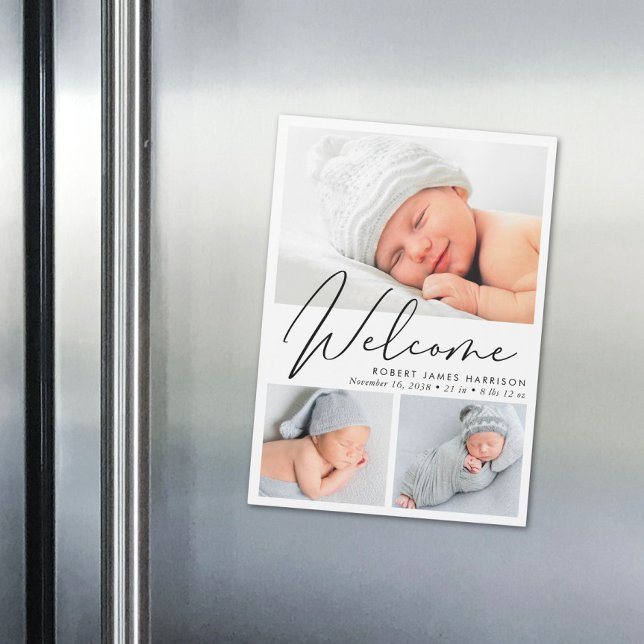 Modern 3 Photo Magnetic Birth Announcement (Announce the arrival of your precious baby in a way that is as beautiful and unique as they are)