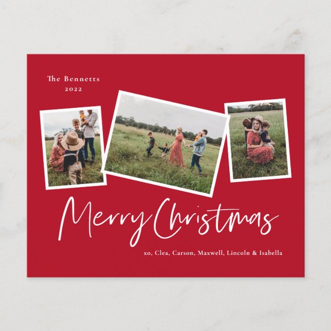 Modern 3 Photo Merry Christmas Holiday Card (Front)