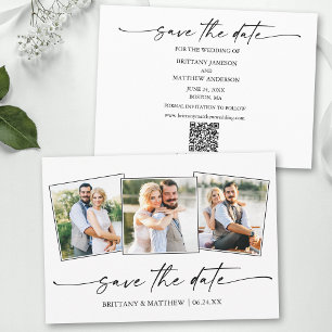 Modern 3 Photo Minimalist Ink Script QR Code Save The Date