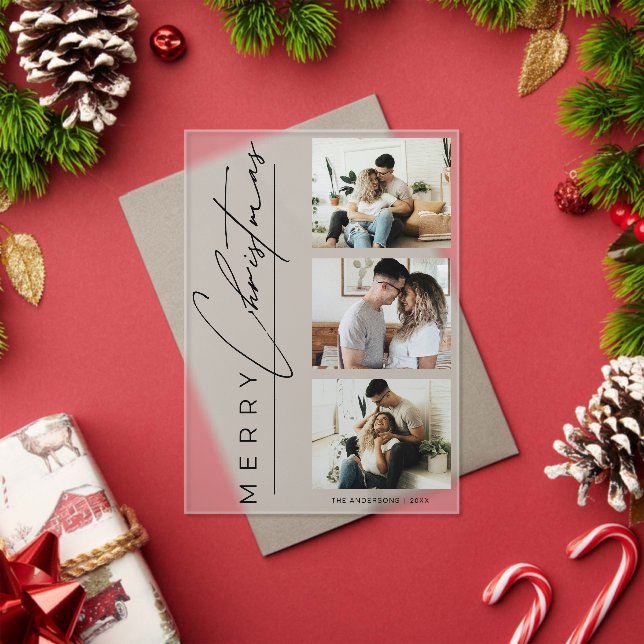 Modern 3 Photo Minimalist Script Christmas Card Acrylic Invitations (Insitu (Holiday))