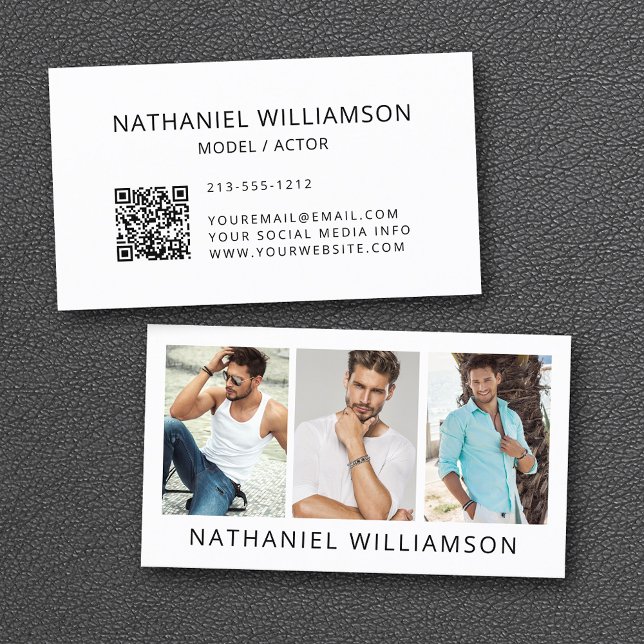 Modern 3 Photo Model and Actor QR Code Business Card (Customize to change background color, text size or style. Add your social media to QR scan code.)