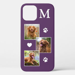 Modern 3 Photo Monogram Purple Cat Pet Dog iPhone 12 Case