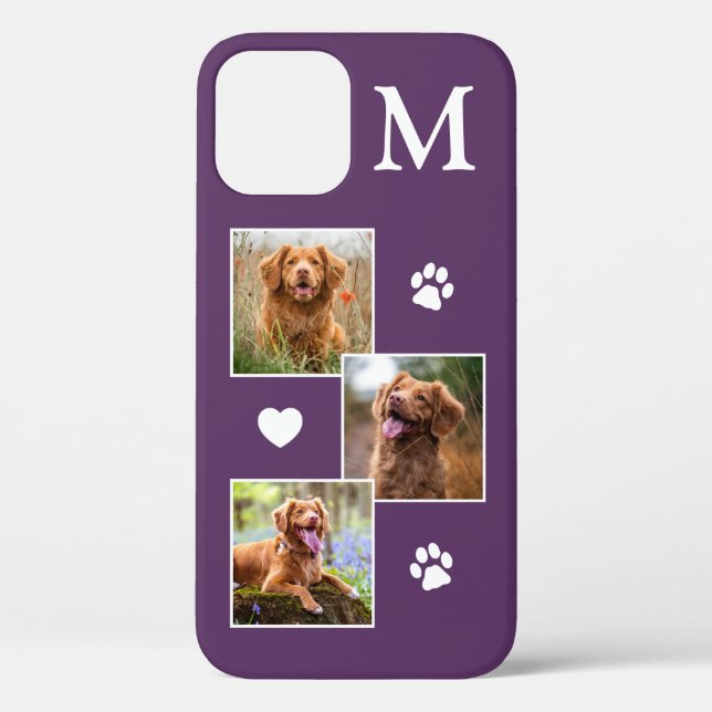 Modern 3 Photo Monogram Purple Cat Pet Dog Case-Mate iPhone Case (Back)