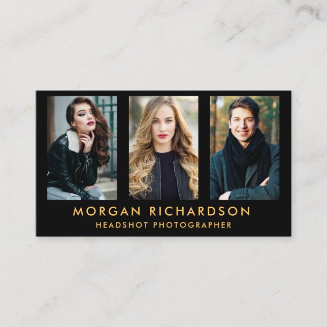 Modern 3 Photo Photographer Black Gold Business Card (Front)