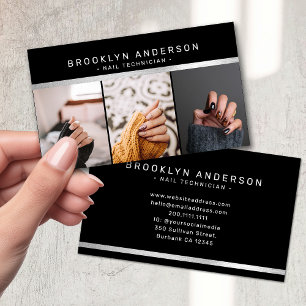 Modern 3 Photo Photographer Black Silver Business Card