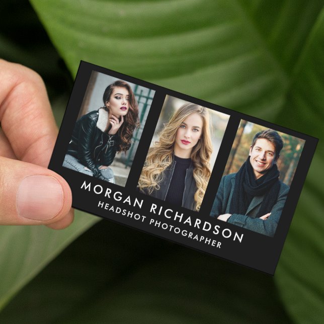 Modern 3 Photo Photographer Blk Business Card (Customize to change background color, text size or text style.)