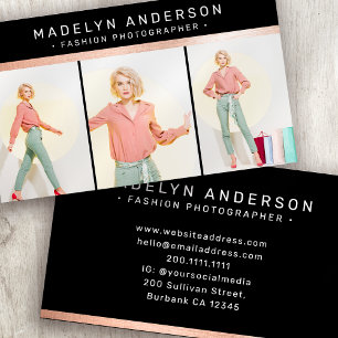 Modern 3 Photo Photographer Rose Gold Foil Business Card