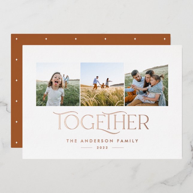 Modern 3 photo rust family together Christmas  Foil Holiday Card (Front/Back)