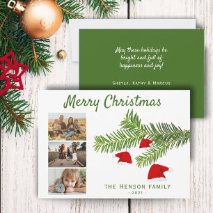 Modern 3 Photo Santa Hat Pine Merry Christmas Holiday Card