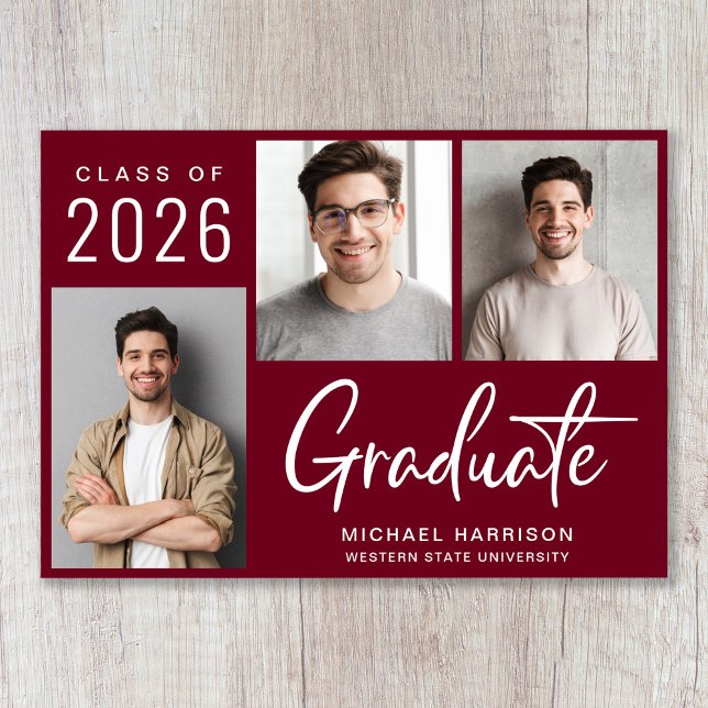 Modern 3 Photo Script Burgundy Graduation Announcement (Cherish the milestone: share your graduate's achievement with a custom photo graduation announcement)