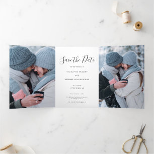 Modern 3 Photo Script Wedding Save the Date Tri-Fold Announcement