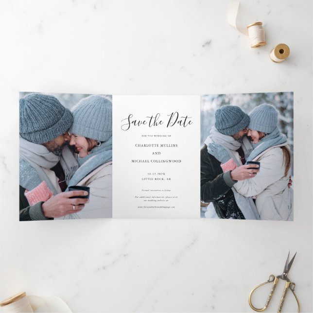 Modern 3 Photo Script Wedding Save the Date Tri-Fold Announcement (Inside)
