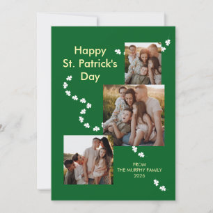 Modern 3-Photo Shamrock St. Patrick's Day Family Holiday Card