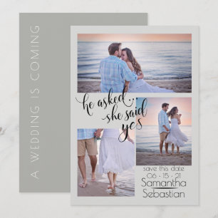 Modern 3 Photo She Said Yes  Save the Date Invitation
