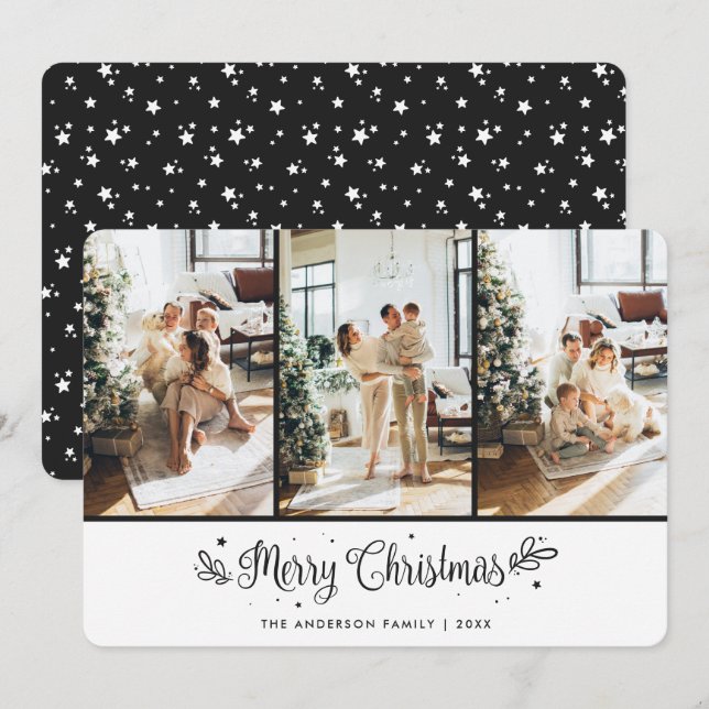 Modern 3 Photo Stars Black Merry Christmas Card (Front/Back)