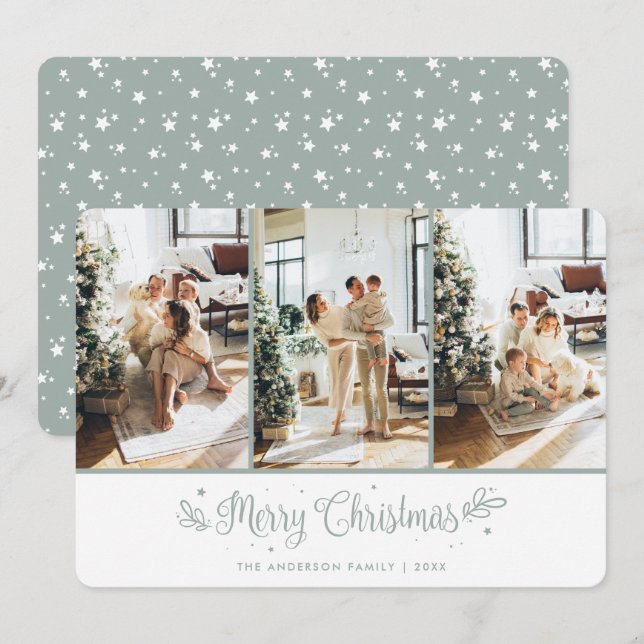 Modern 3 Photo Stars Merry Christmas Card (Front/Back)