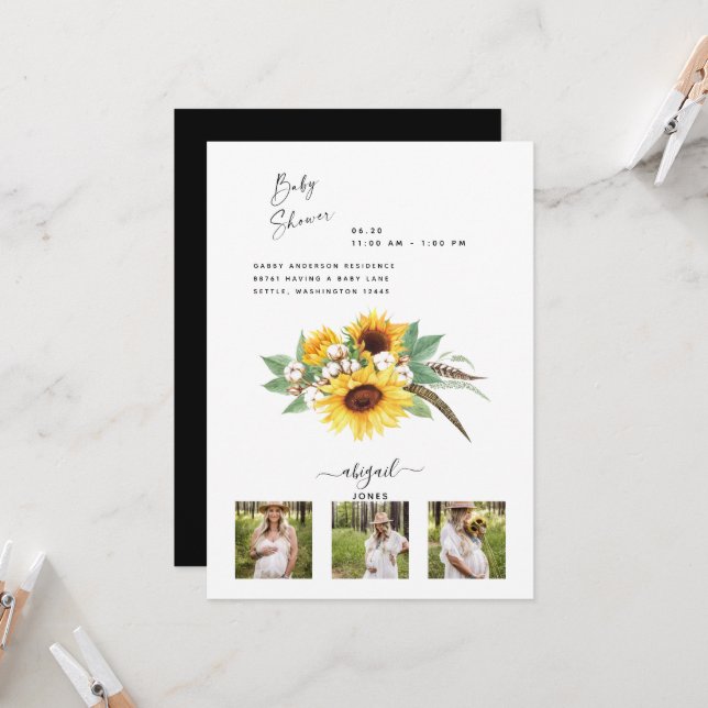 Modern 3 Photo Sunflowers & Cotton Baby Shower Invitation (Front/Back In Situ)