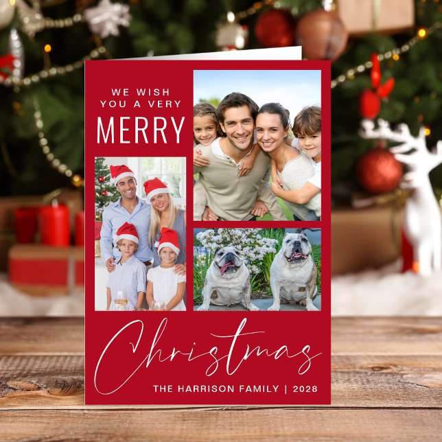 Modern 3 Photo Very Merry Christmas Red Holiday Card (This holiday season, let your family's smiles and heartwarming memories shine on our 3 photo card)