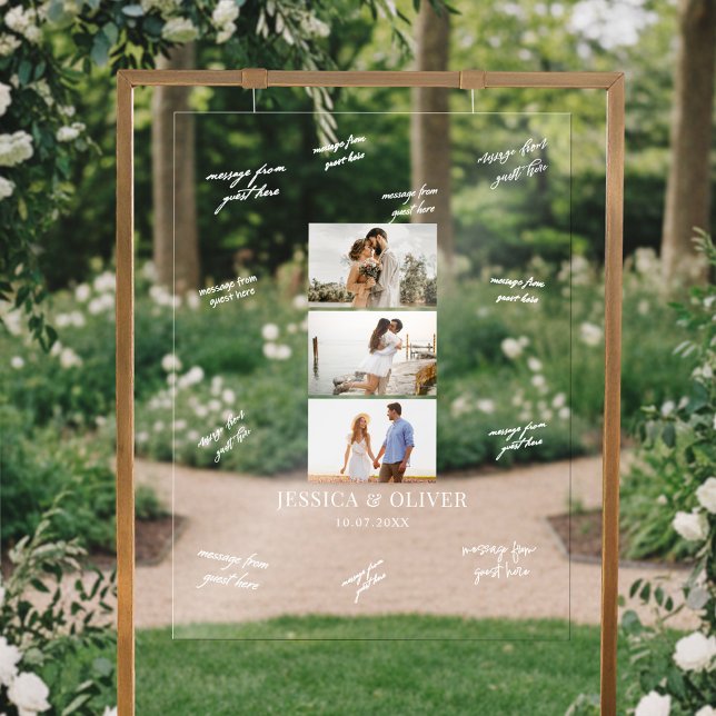 Modern 3 Photo Wedding Guest Signature Acrylic Sign (Creator Uploaded)