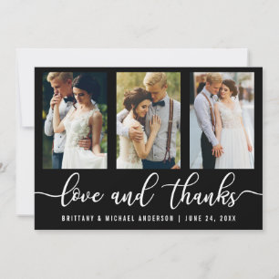 Modern 3 Photo Wedding Love and Thanks Thank You Card