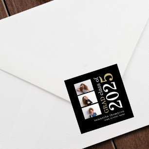 Modern 3 photo White Gold Text 2022 Graduation Square Sticker