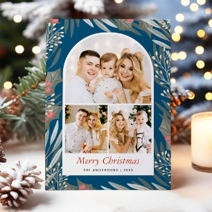 Modern 3 Photo Winter Blue Foliage Merry Christmas Holiday Card