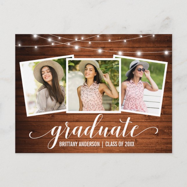 Modern 3 Photo Wood String Lights Graduation Party Invitation Postcard (Front)
