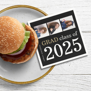 Modern 3 photos Black 2025 Graduation  Napkin