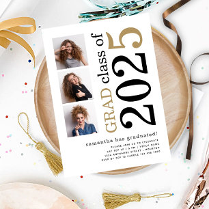 Modern 3 photos Black Gold 2025 White Graduation Invitation