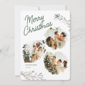 Modern 3 Photos Brushstroke Xmas Greeting Holiday