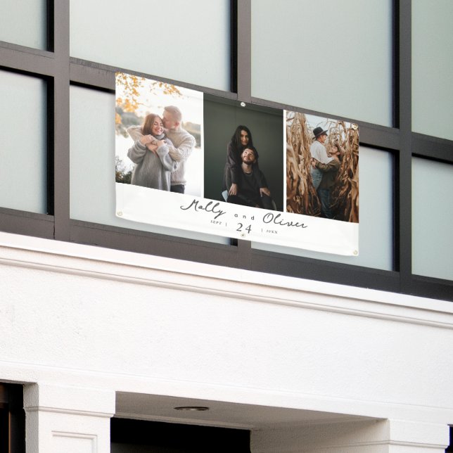 Modern 3 Photos Champagne Shimmer Wedding Banner (Outside Building)