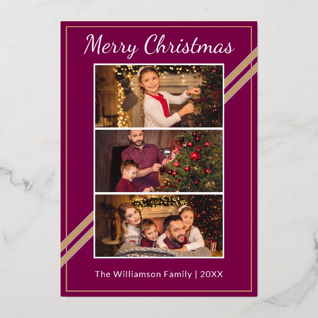 Modern 3 Photos Collage Plum Red Merry Christmas Foil Holiday Card (Front)