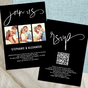Modern 3 Photos Join Us Script Wedding Black Invitation