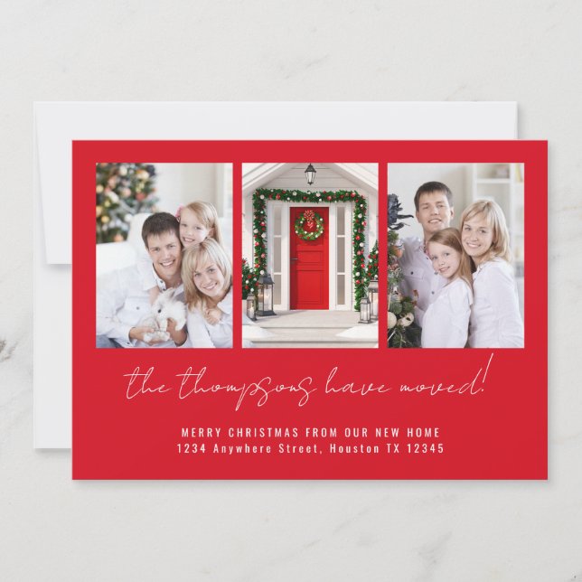 Modern 3 Photos Merry Christmas from New Home Red Holiday Card (Front)