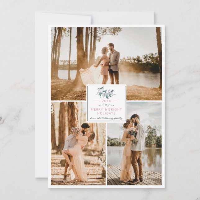 Modern 3 photos merry Christmas mistletoe frame Holiday Card (Front)