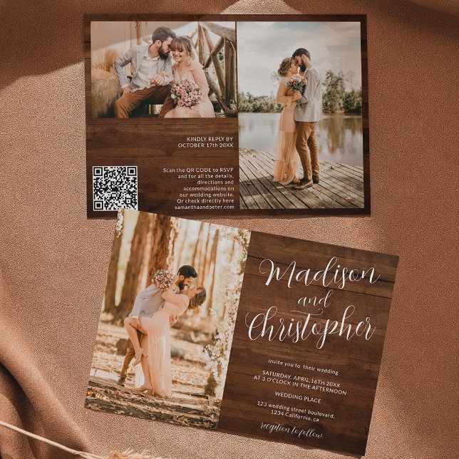 Modern 3 photos names wood Qr wedding Invitation (Creator Uploaded)