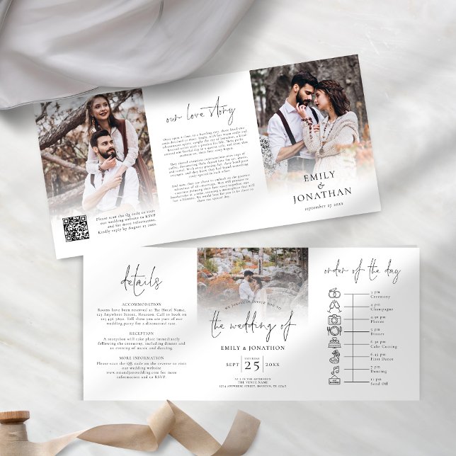 Modern 3 Photos Overlay QR Code Timeline Wedding Tri-Fold Invitation (Front and back)