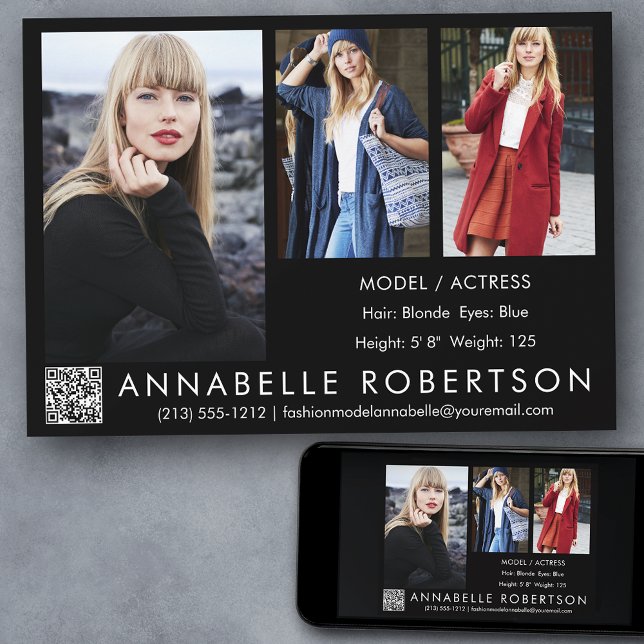 Modern 3 Photos QR Code Model Actor Comp Card  (Customize to change background color, text size, style or to add more photos to back of card.)