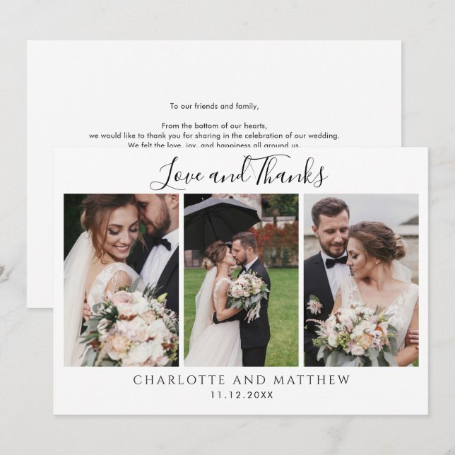 Modern 3 Photos Wedding Thank You Card (Front/Back)