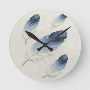 Modern 3D Blue Feather Impasto Acrylic Minimalist Round Clock