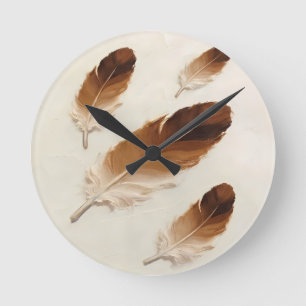 Modern 3D Brown Feather Impasto Acrylic Minimalist Round Clock
